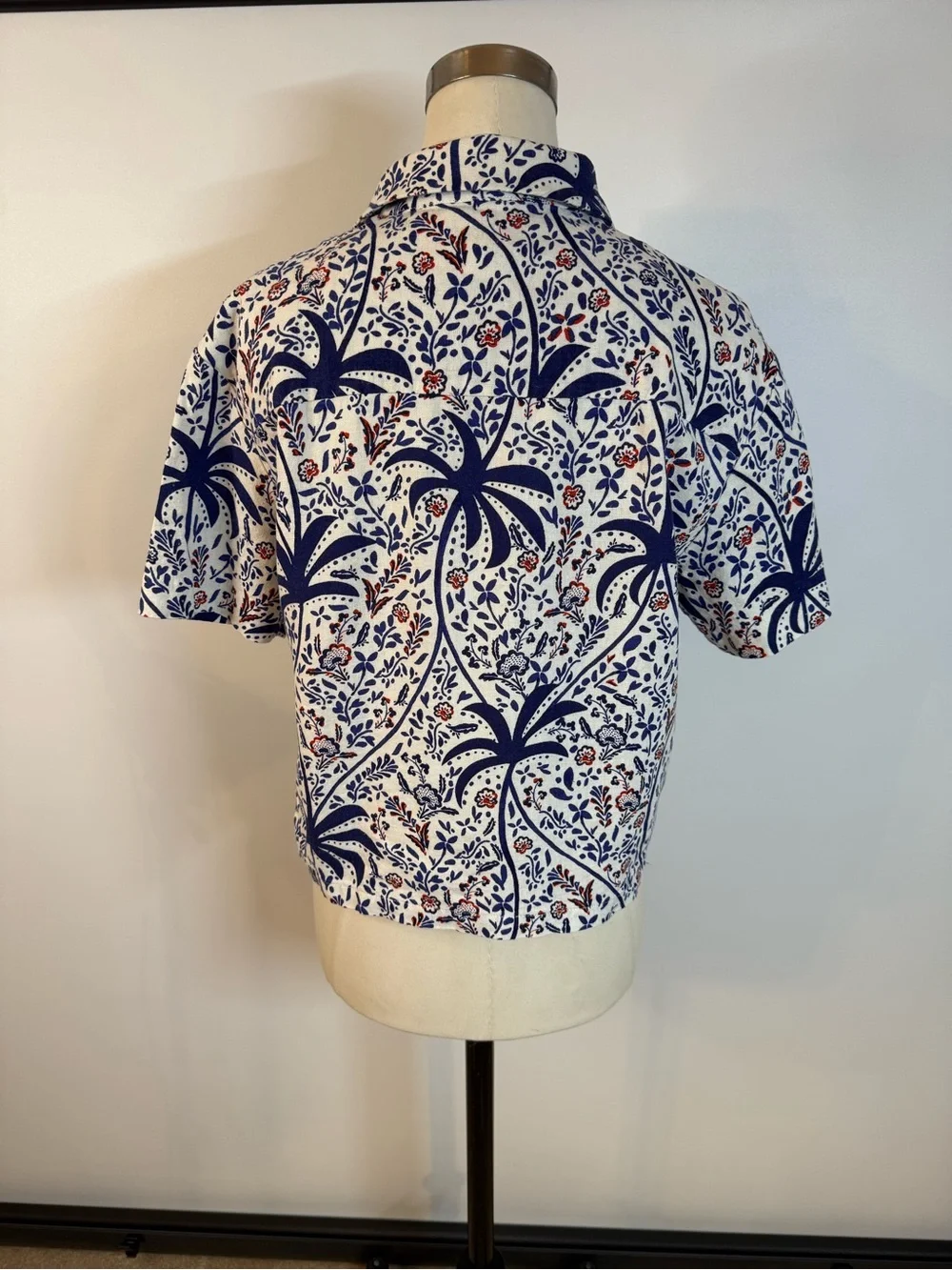Jolie Short-Sleeve Button-Down Top in Navy, White and Rust